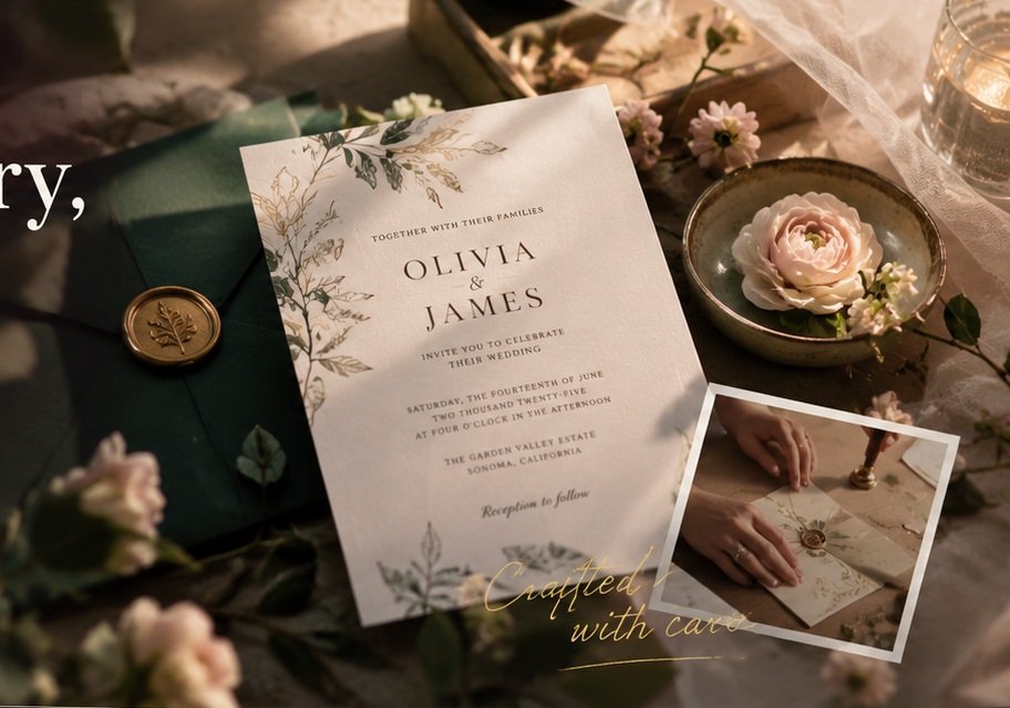 A wedding invitation with a gold wax seal on a green envelope, surrounded by soft blooms