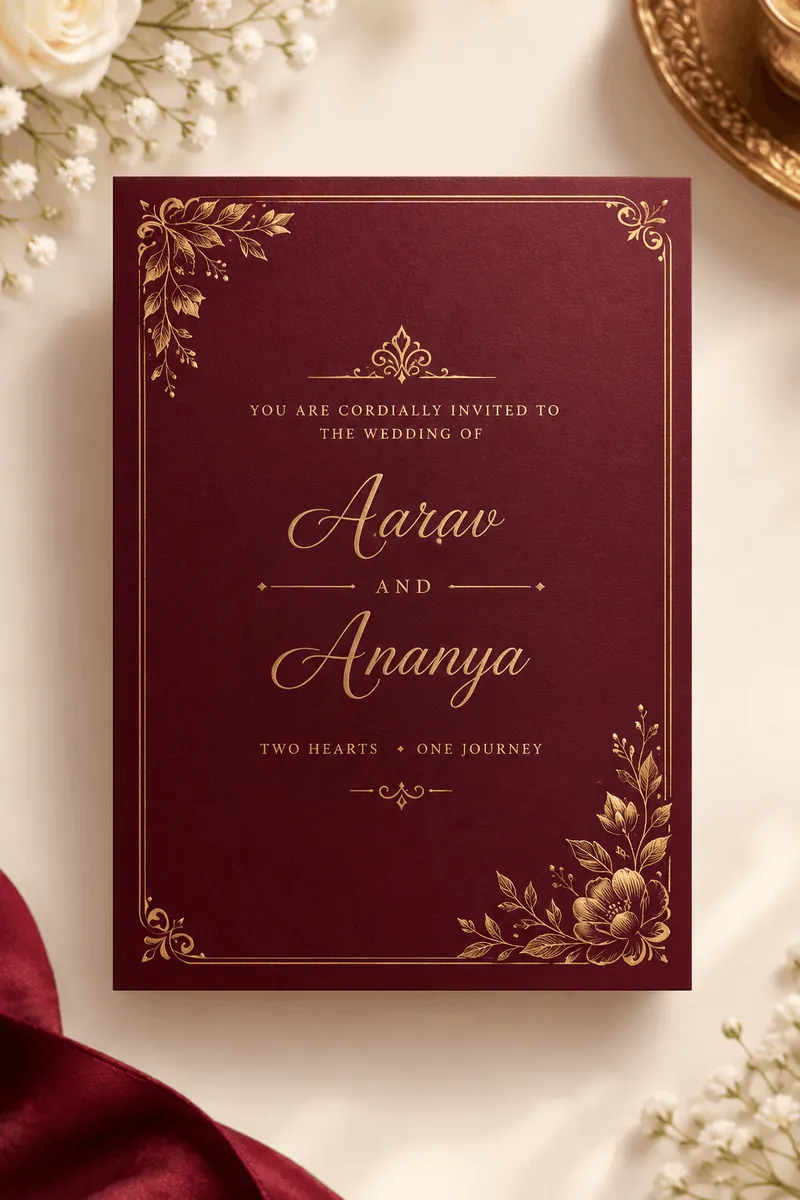 Burgundy wedding invitation with gold foil lettering