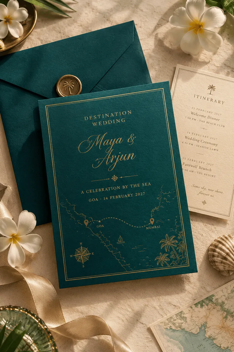 Deep green wedding invitation with a wax seal and map detail