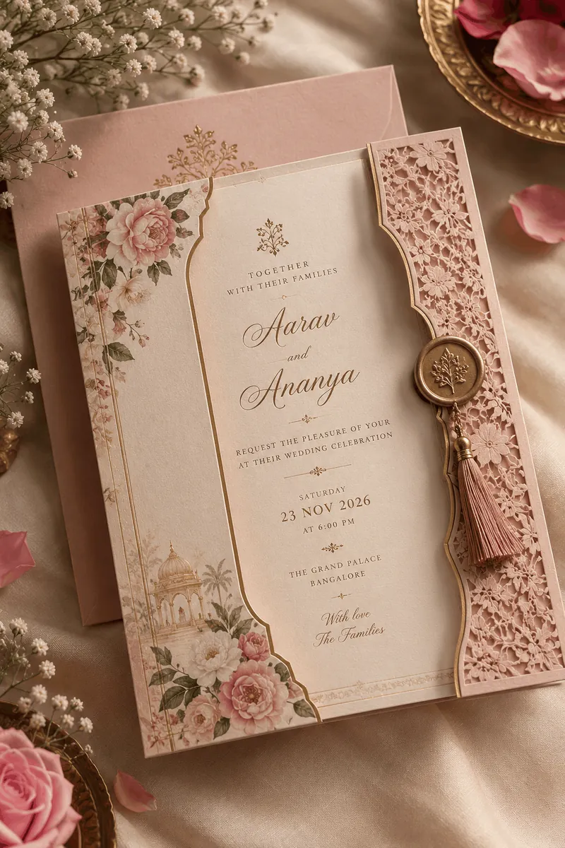 Floral wedding invitation suite with flowers and romantic paper details