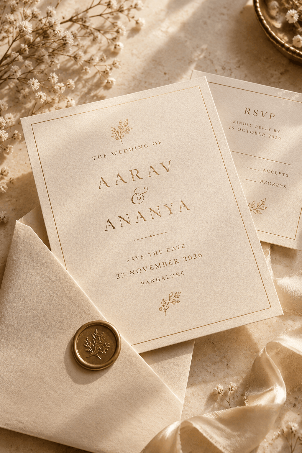 Ivory minimal wedding invitation with a wax-sealed envelope