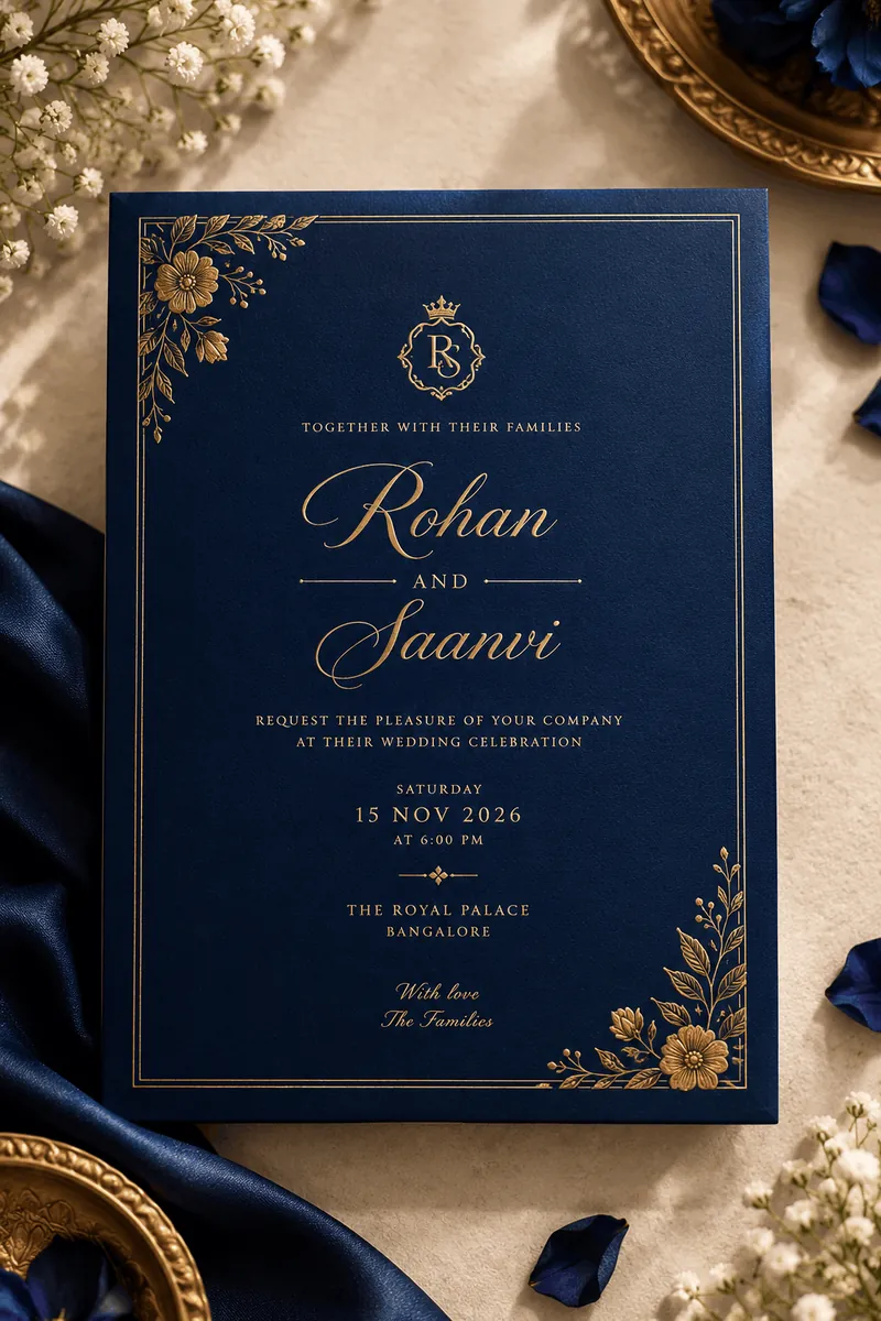 Navy and gold wedding invitation on a navy silk backdrop