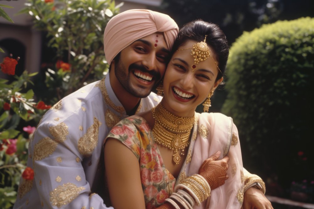 Riya and Sam, laughing together in a garden