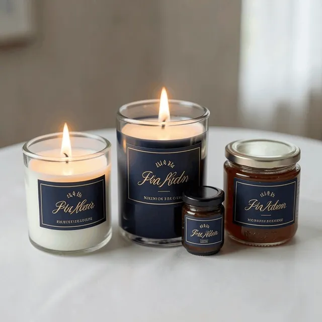 Wedding candles and jars with printed navy labels
