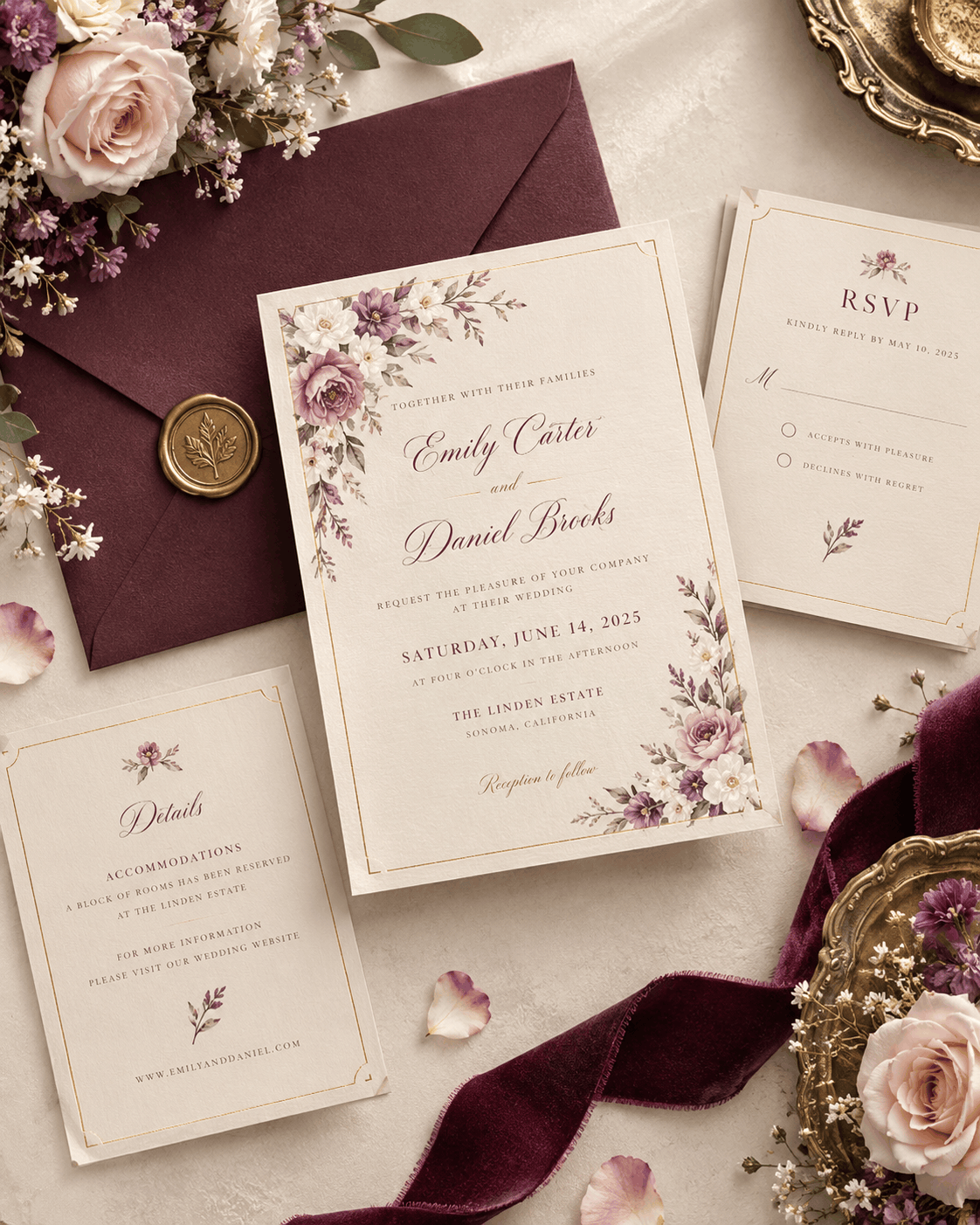 Ivory wedding invitation with a burgundy envelope, flowers and ribbon