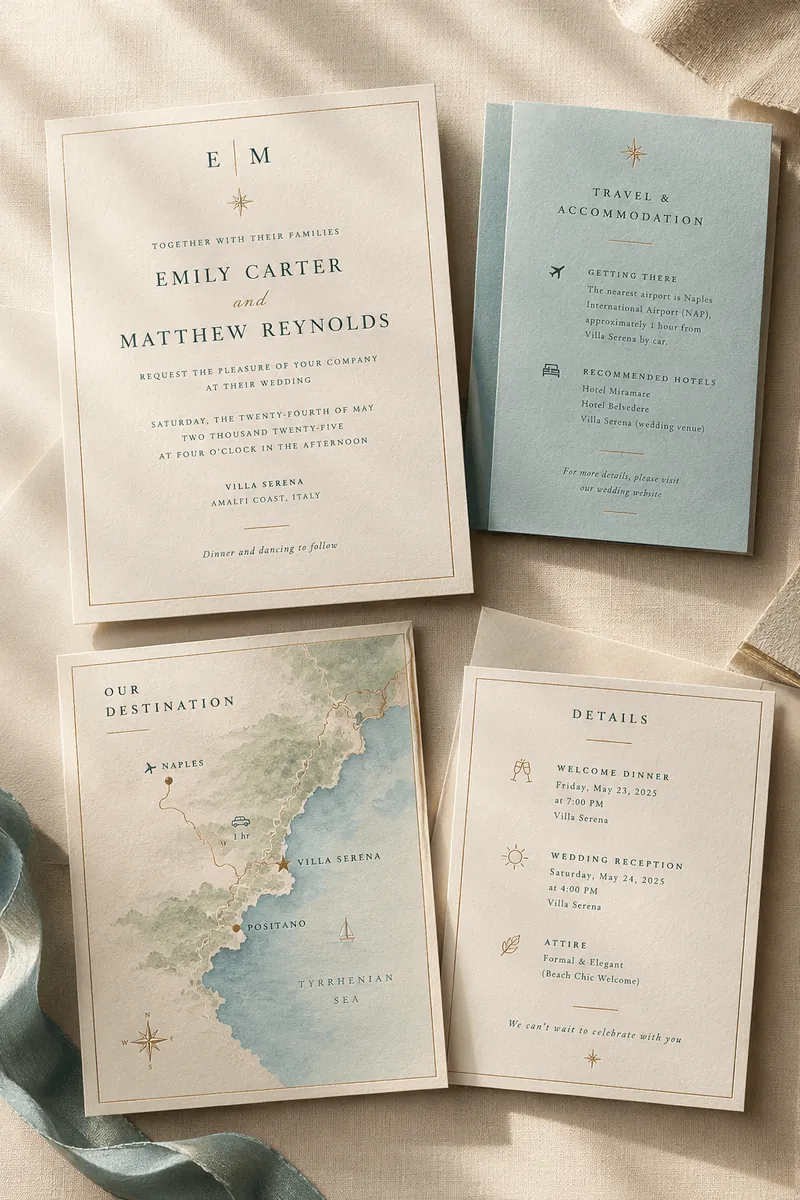 Watercolour coastal destination wedding invitation suite