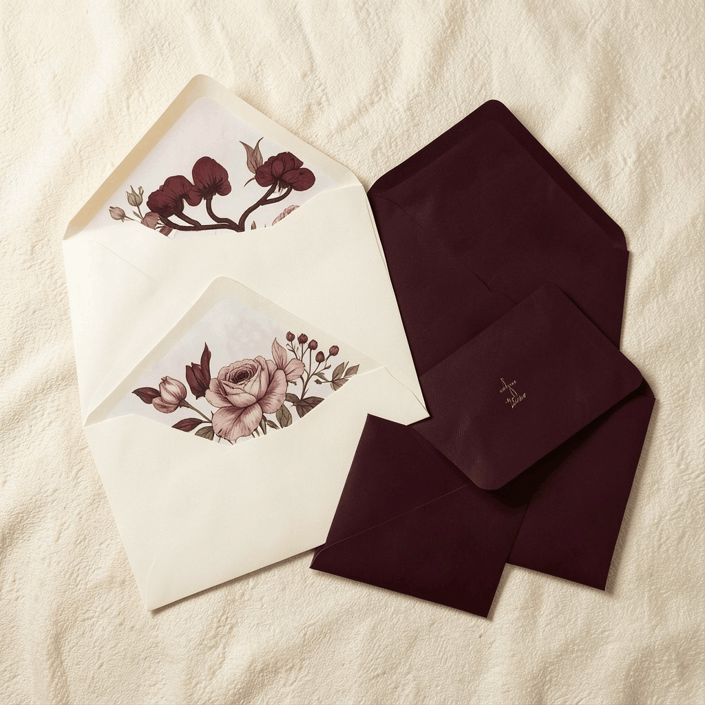 Wedding envelope with a floral liner and a burgundy envelope