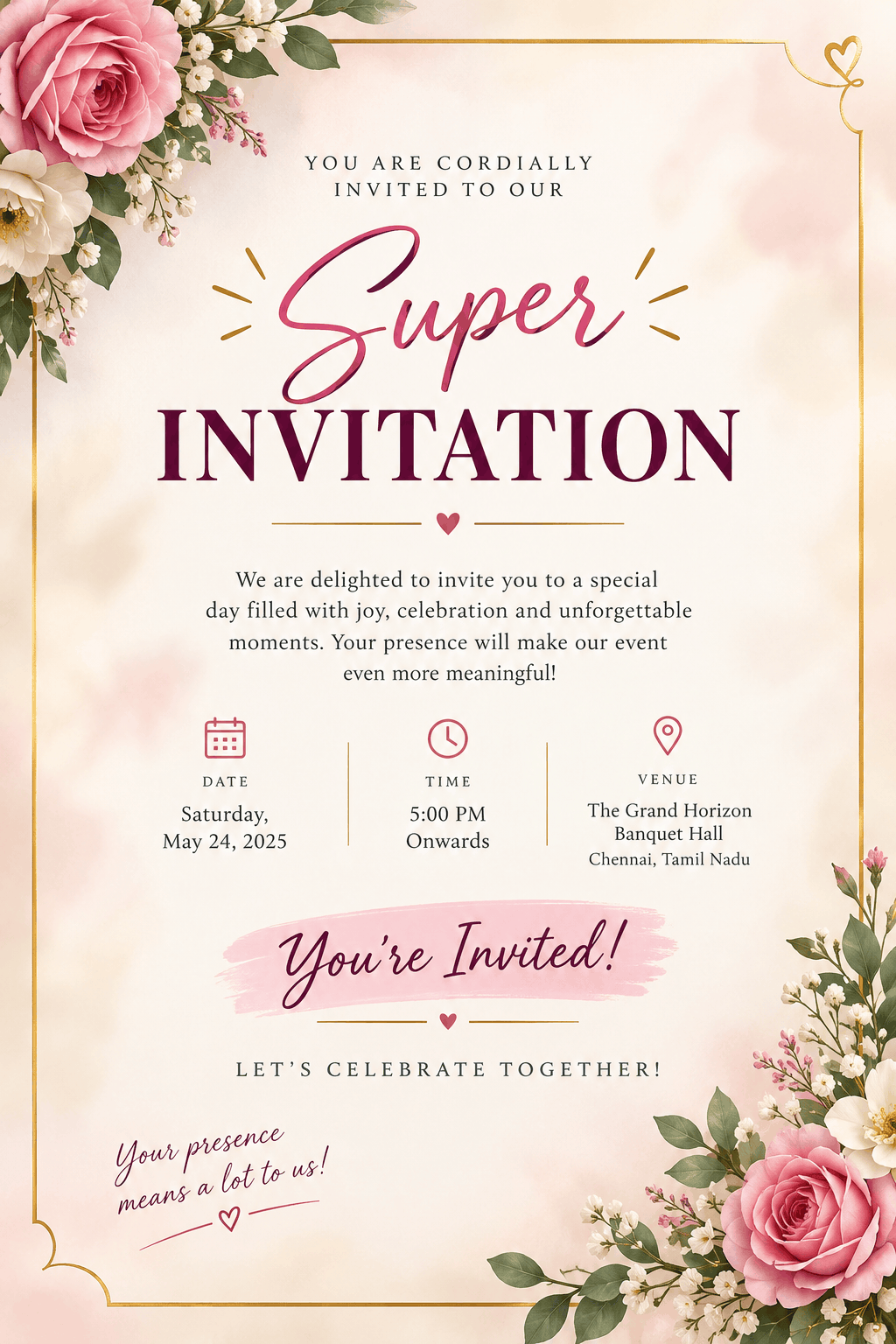 Pink floral wedding invitation card with roses