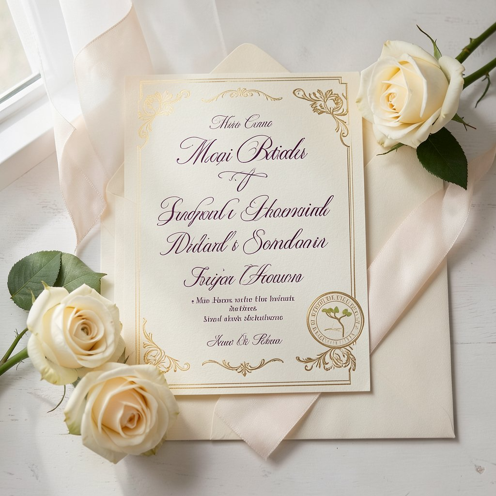 Ivory wedding invitation with cream roses and a soft ribbon