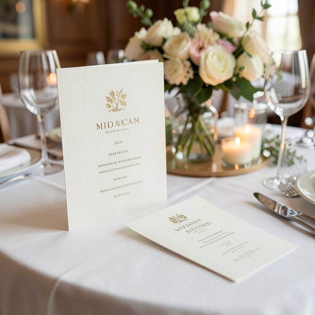 Folded menu card and place card on a table set with flowers