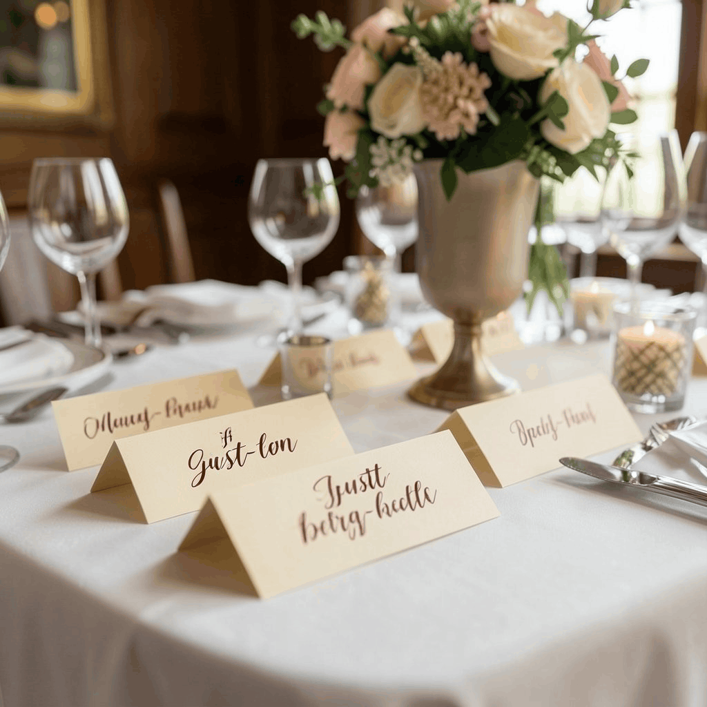 Wedding place cards on a set table