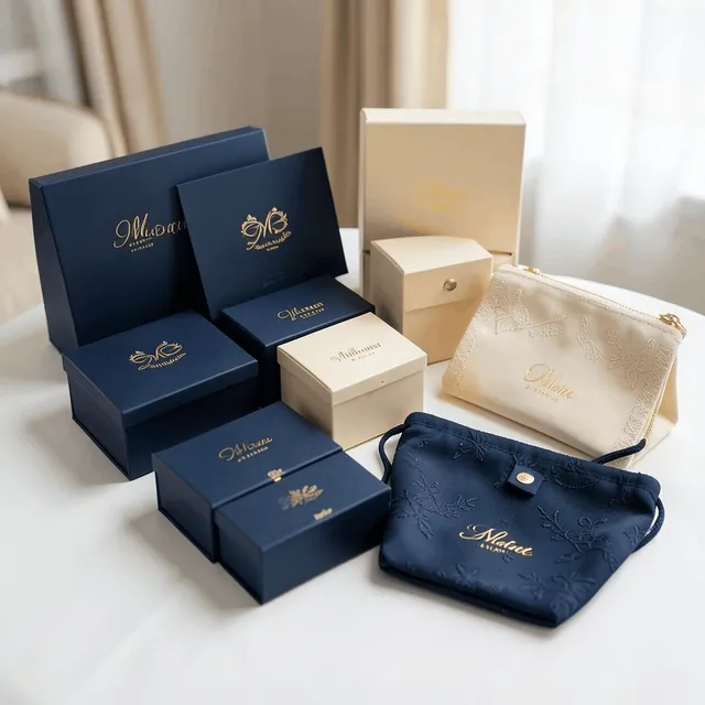 Navy and ivory favour boxes and pouches with gold foil