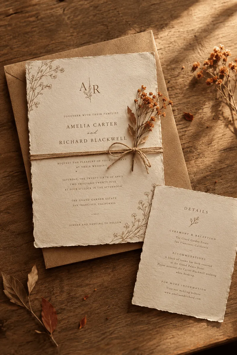 Rustic kraft wedding invitation tied with twine and dried grass