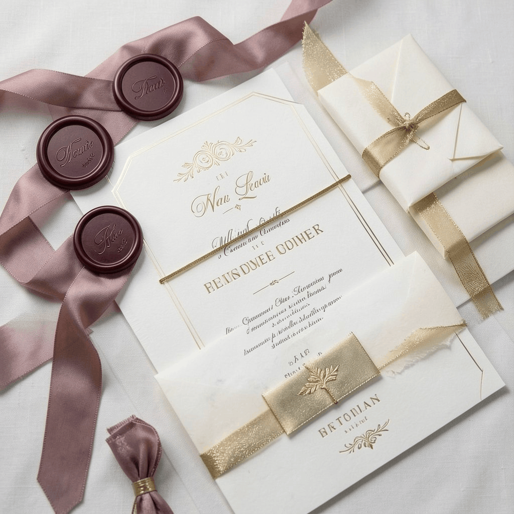 Wedding stationery with a blush ribbon and wax seals