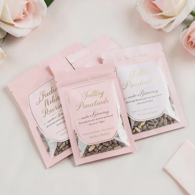 Pink printed seed packet wedding favours