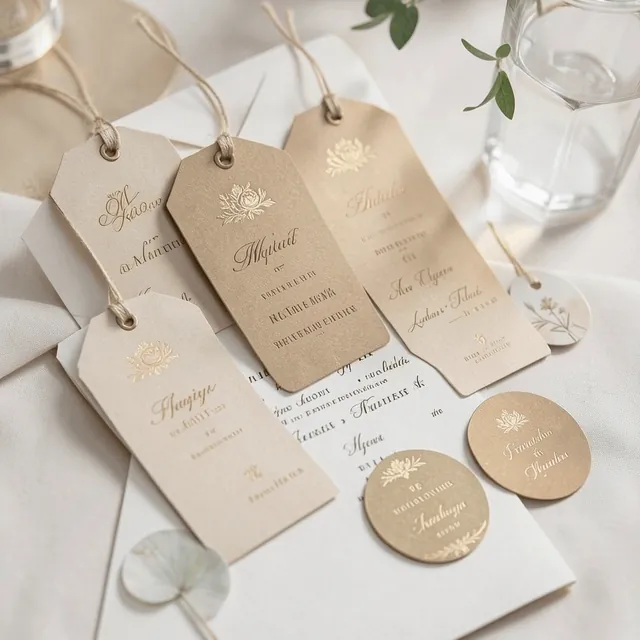 Gold-foil favour tags and round stickers on a styled table