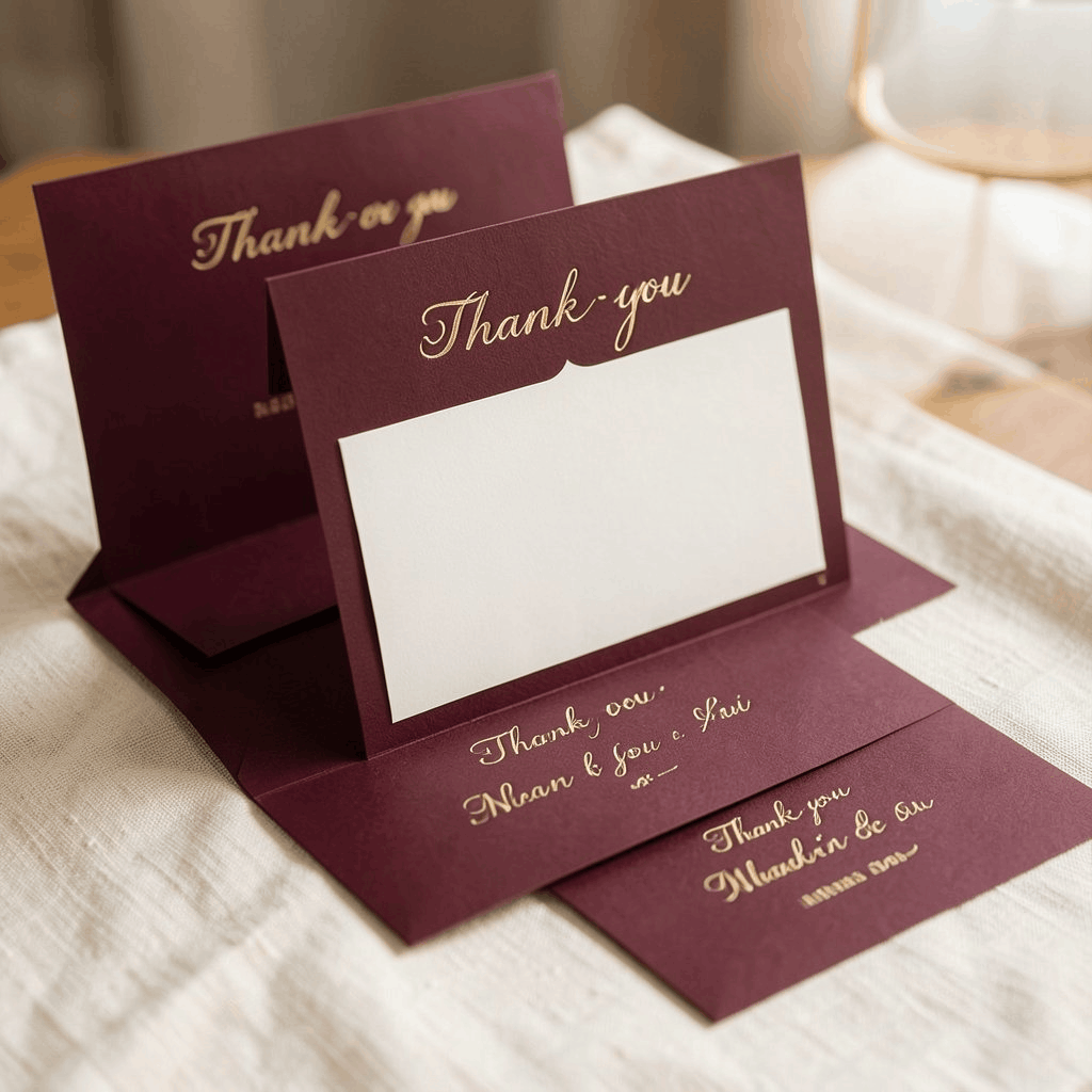 Burgundy thank-you card with gold foil lettering